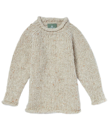Cream Coloured Aran Childrens Roll Neck Raglan Crew Sweater on white background 