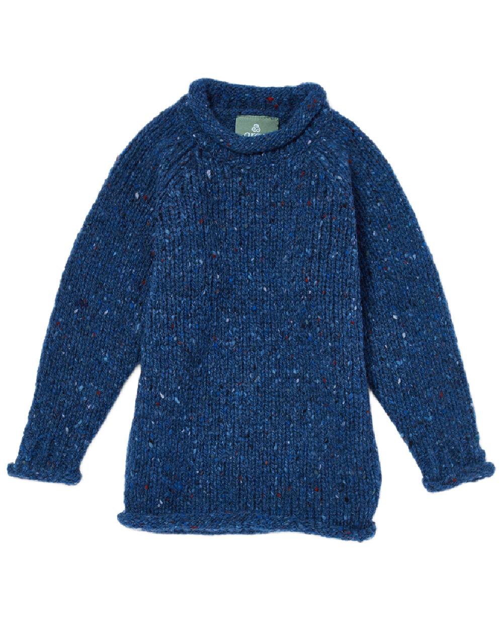 Navy Blue Coloured Aran Childrens Roll Neck Raglan Crew Sweater on white background 