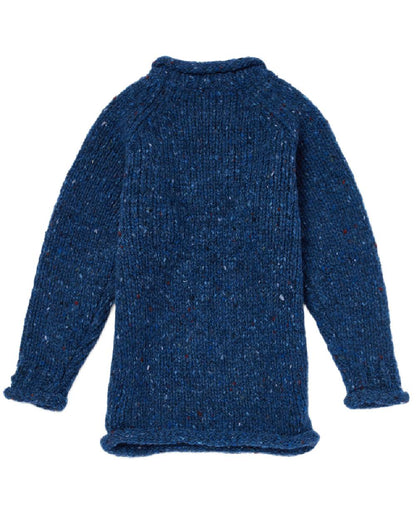 Navy Blue Coloured Aran Childrens Roll Neck Raglan Crew Sweater on white background 