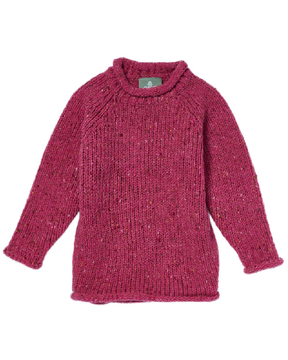 Pink Coloured Aran Childrens Roll Neck Raglan Crew Sweater on white background 