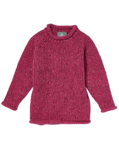 Pink Coloured Aran Childrens Roll Neck Raglan Crew Sweater on white background 