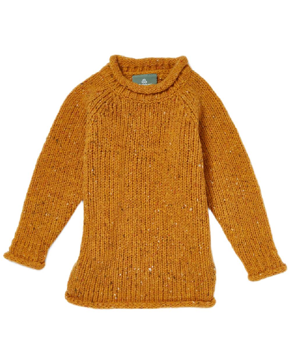 Yellow Coloured Aran Childrens Roll Neck Raglan Crew Sweater on white background 
