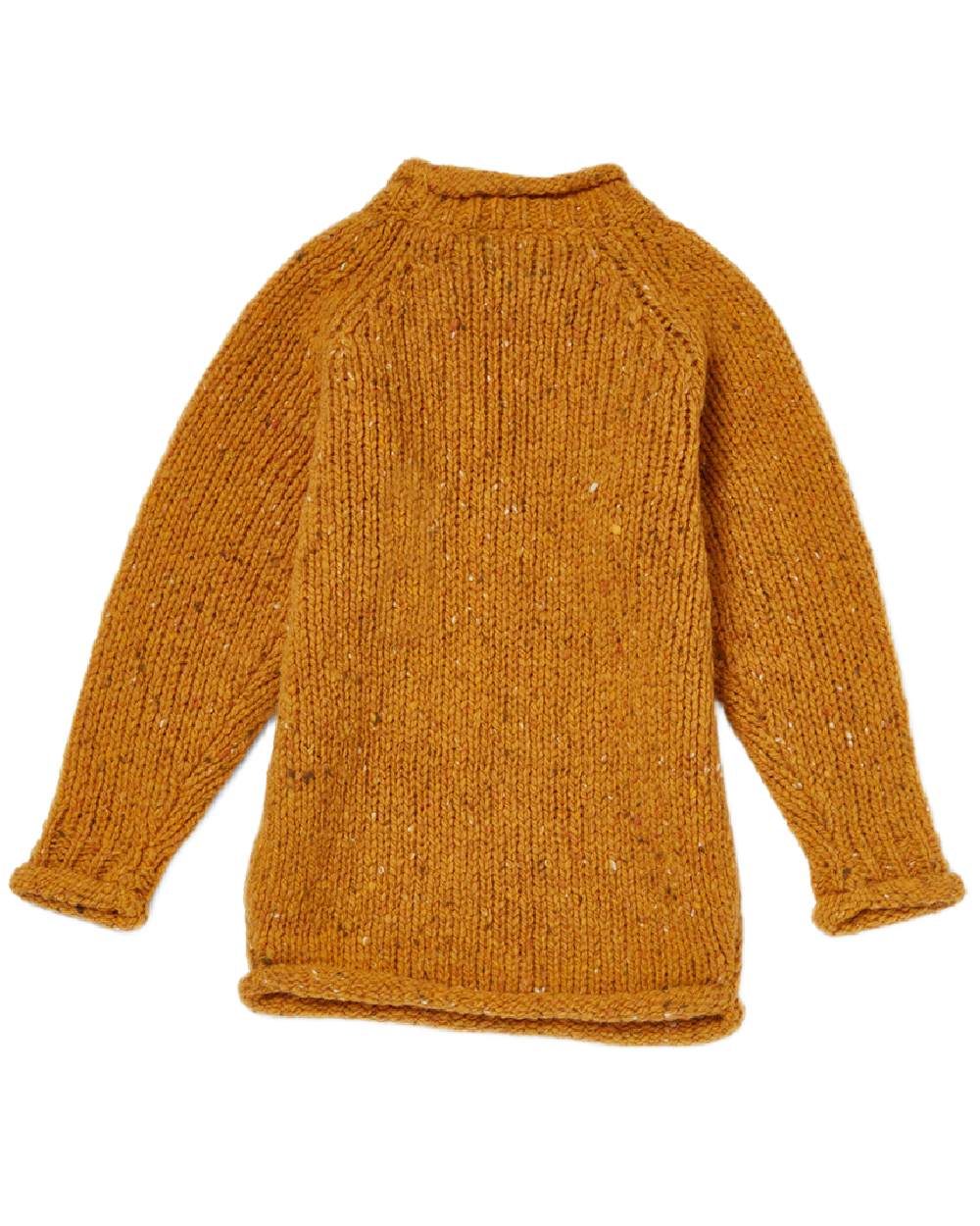 Yellow Coloured Aran Childrens Roll Neck Raglan Crew Sweater on white background 