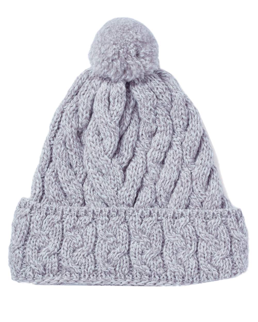 Beige Coloured Aran Chunky Knit Bobble Hat on white background 