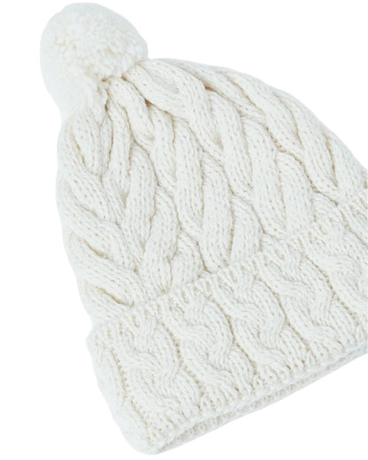 Cream Coloured Aran Chunky Knit Bobble Hat on white background 