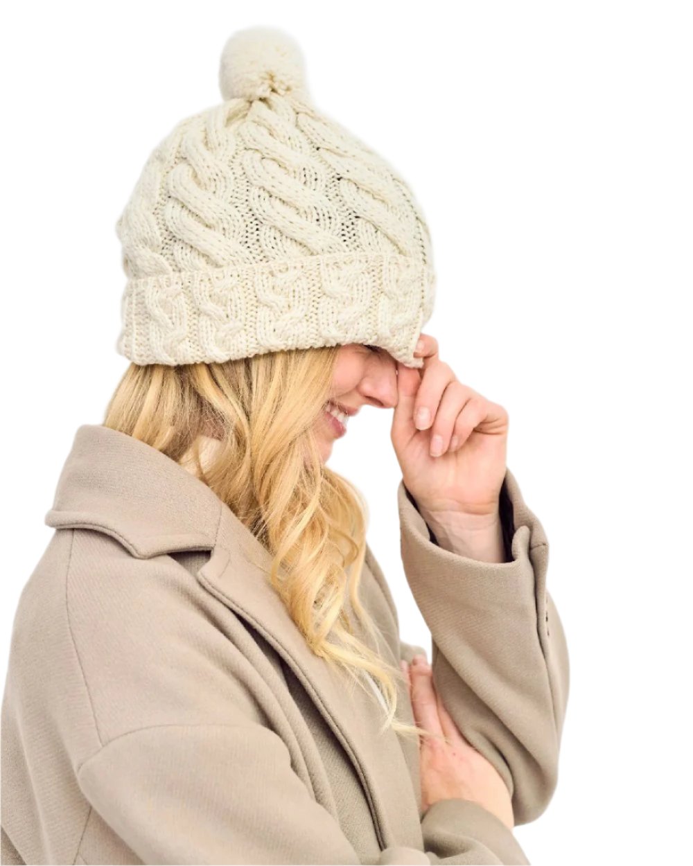 Cream Coloured Aran Chunky Knit Bobble Hat on white background 