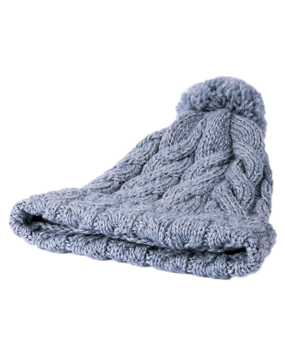 Light Grey Coloured Aran Chunky Knit Bobble Hat on white background 