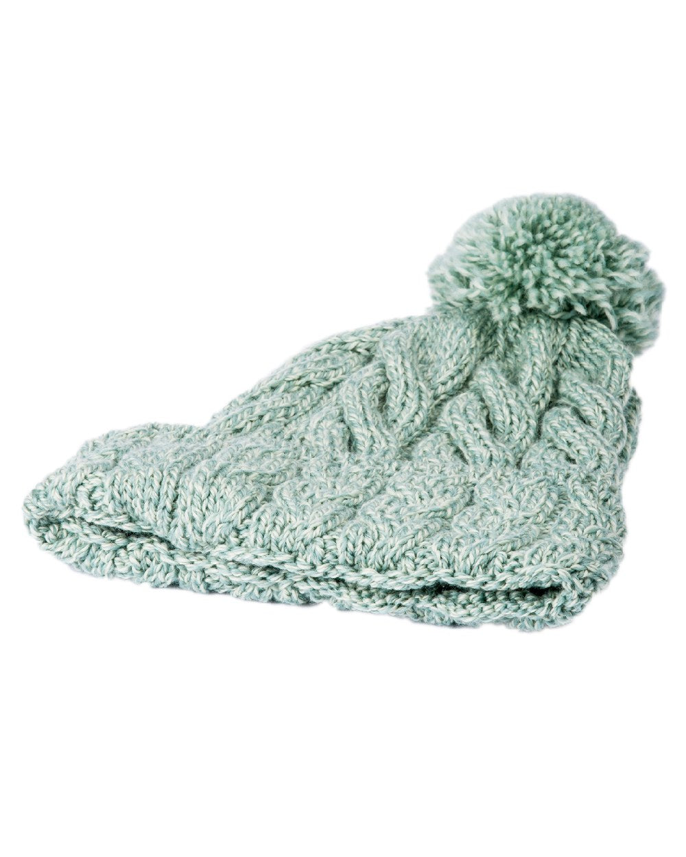 Mint Green Coloured Aran Chunky Knit Bobble Hat on white background 