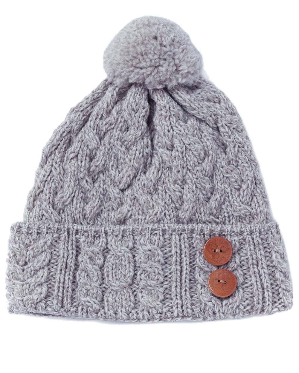 Beige Coloured Aran Chunky Knit Button Bobble Hat on white background 