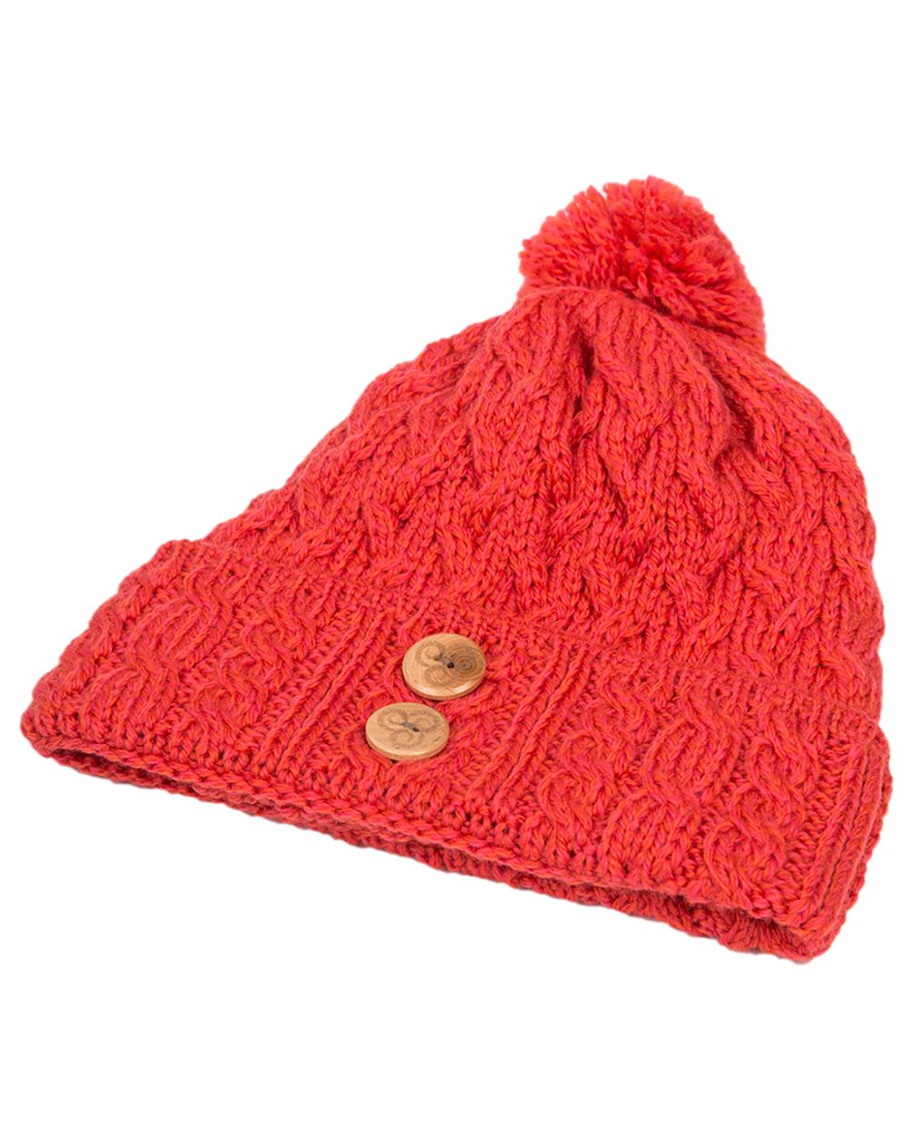 Coral Coloured Aran Chunky Knit Button Bobble Hat on white background 