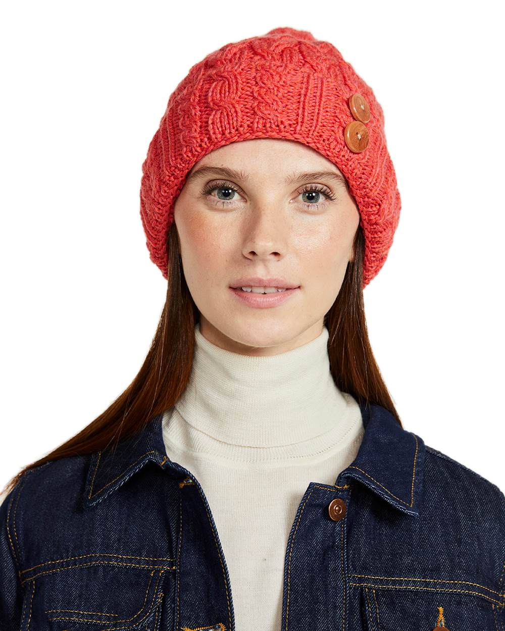 Coral Coloured Aran Chunky Knit Button Bobble Hat on white background 