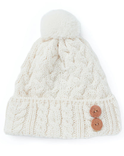 Cream Coloured Aran Chunky Knit Button Bobble Hat on white background 