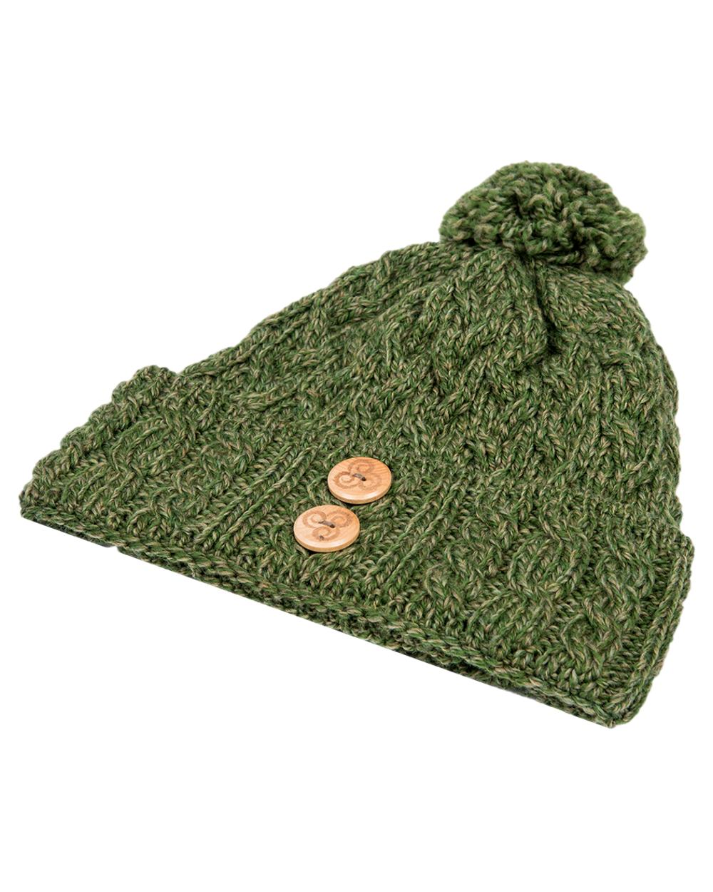 Sage Green Coloured Aran Chunky Knit Button Bobble Hat on white background 