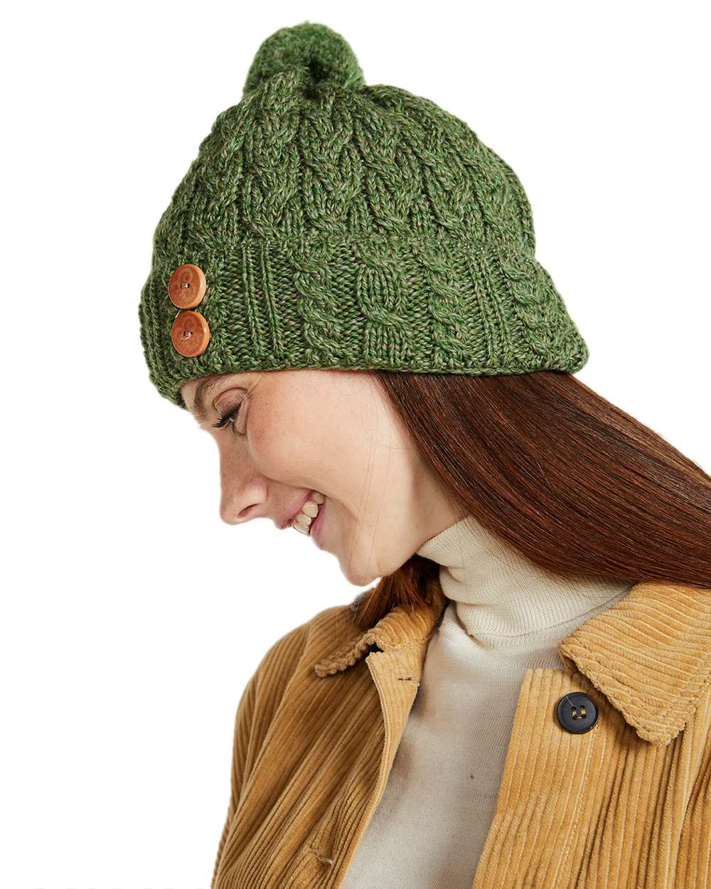 Sage Green Coloured Aran Chunky Knit Button Bobble Hat on white background 