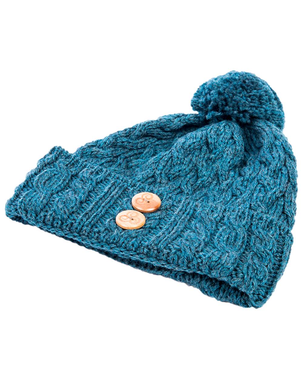 Teal Coloured Aran Chunky Knit Button Bobble Hat on white background 