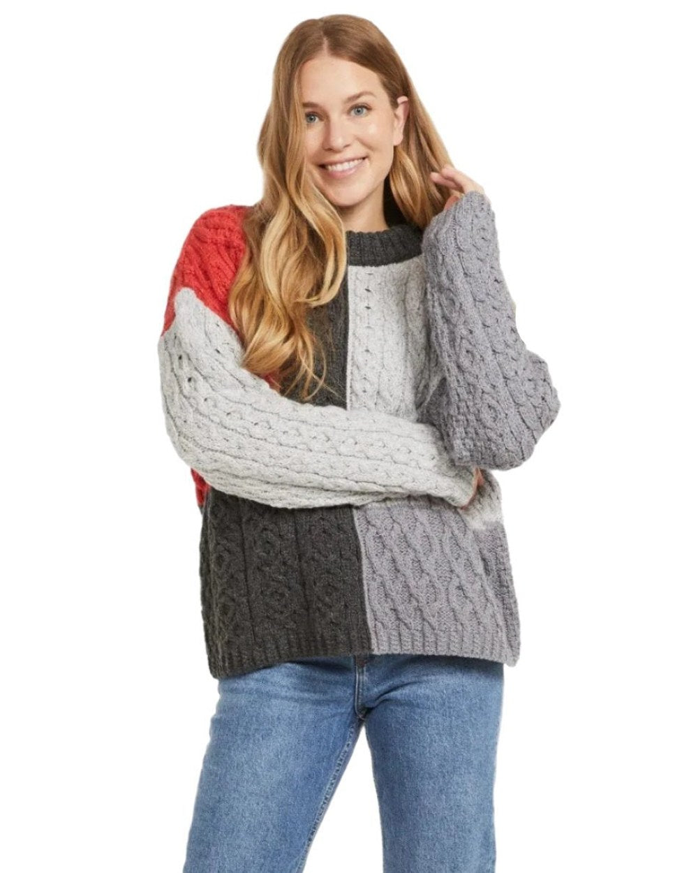 Dusk Coloured Aran Cobh Sweater on white background 