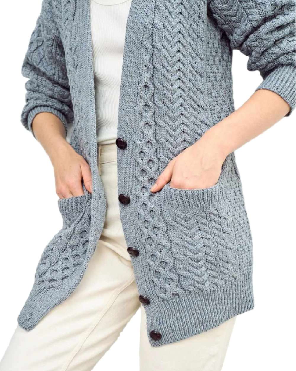 Blue Grey Coloured Aran Delphi Boyfriend Cardigan on white background 