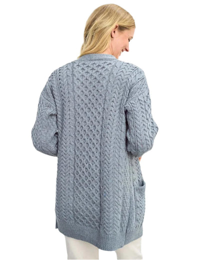 Blue Grey Coloured Aran Delphi Boyfriend Cardigan on white background 