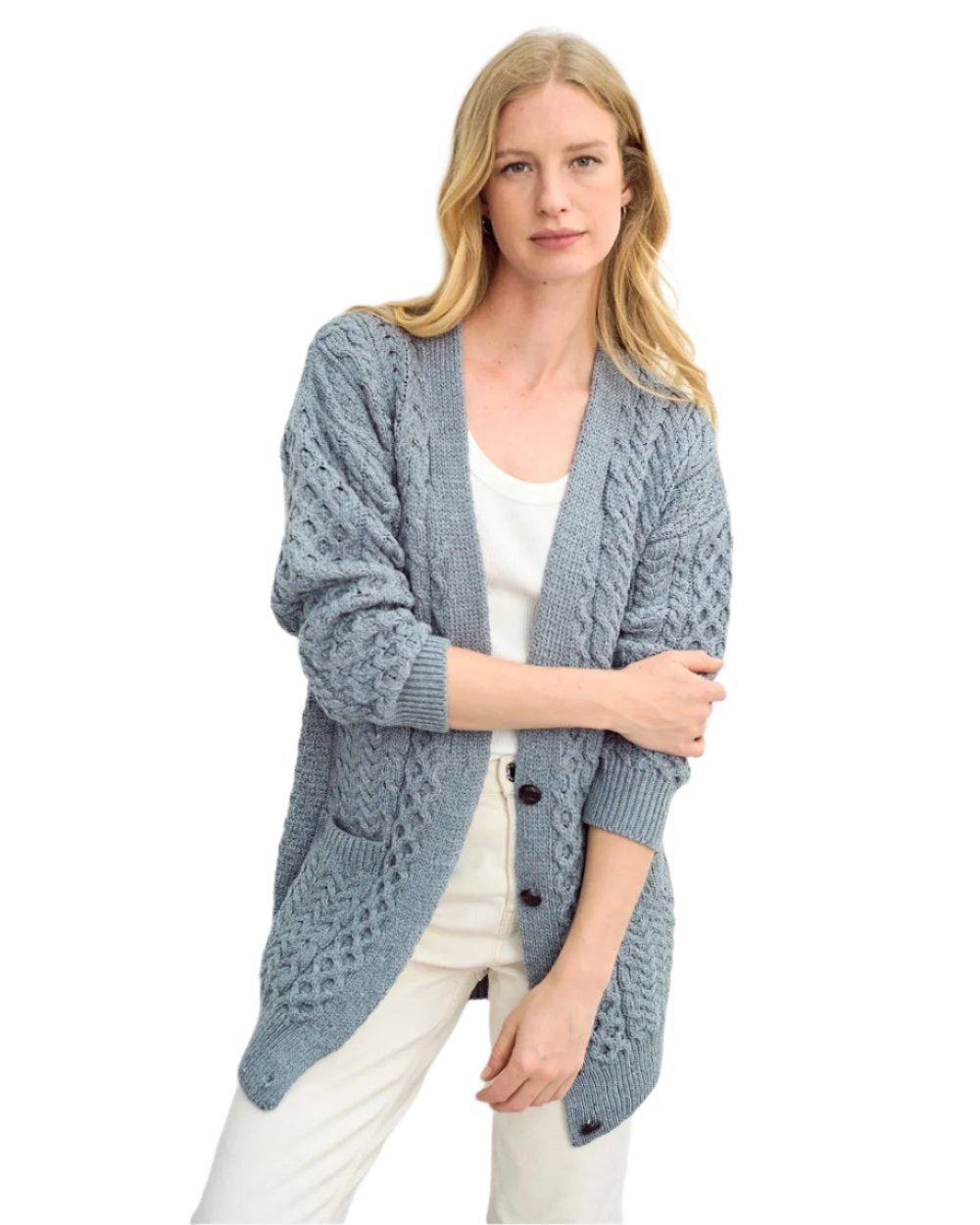 Blue Grey Coloured Aran Delphi Boyfriend Cardigan on white background 