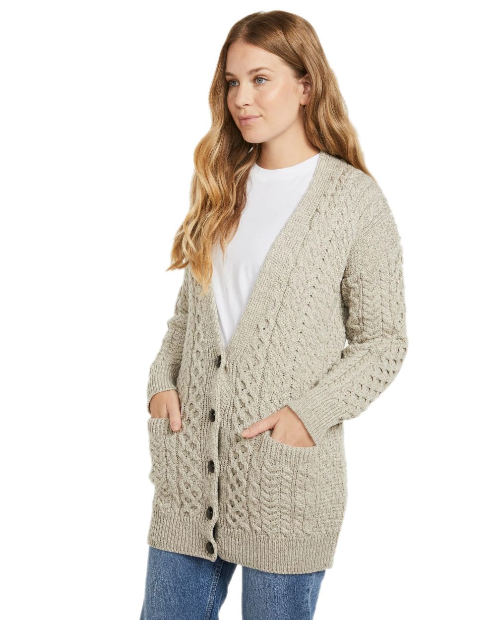 Oat Coloured Aran Delphi Boyfriend Cardigan on white background 