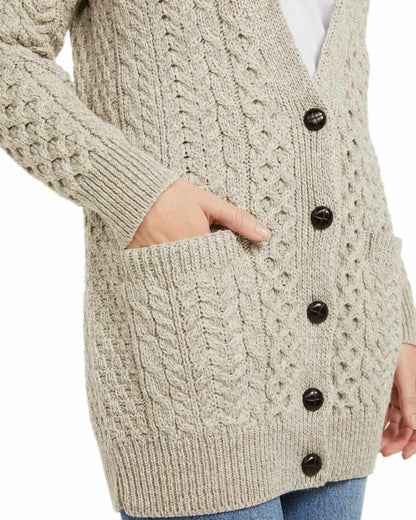 Oat Coloured Aran Delphi Boyfriend Cardigan on white background 