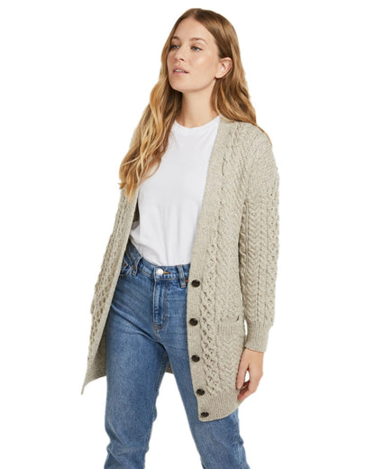 Oat Coloured Aran Delphi Boyfriend Cardigan on white background 