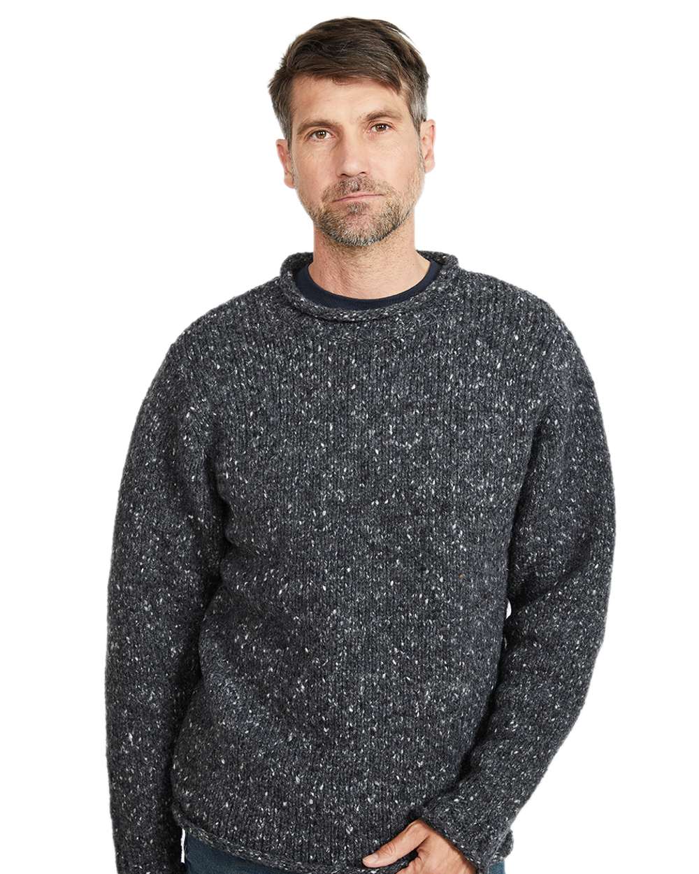 Charcoal Coloured Aran Donegal Wool Crew Neck Sweater on white background 