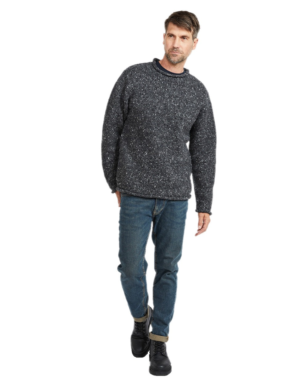 Charcoal Coloured Aran Donegal Wool Crew Neck Sweater on white background 