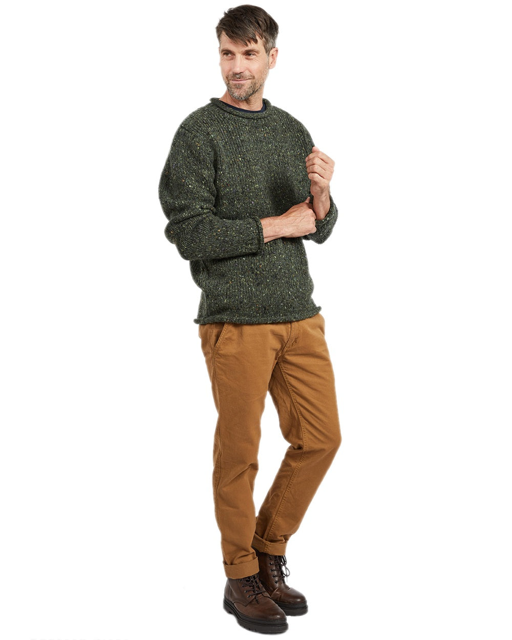 Green Coloured Aran Donegal Wool Crew Neck Sweater on white background 