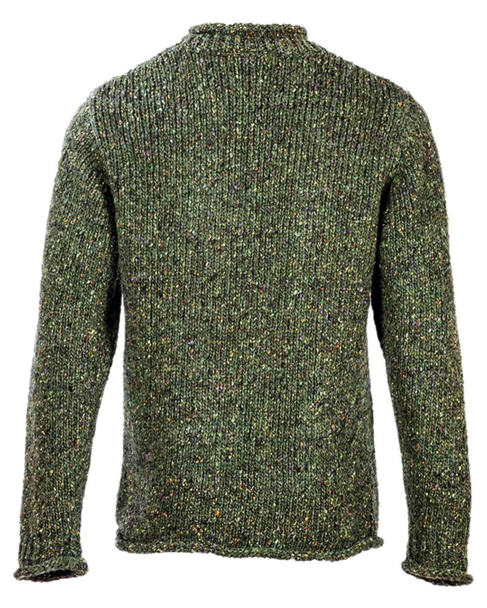 Green Coloured Aran Donegal Wool Crew Neck Sweater on white background 