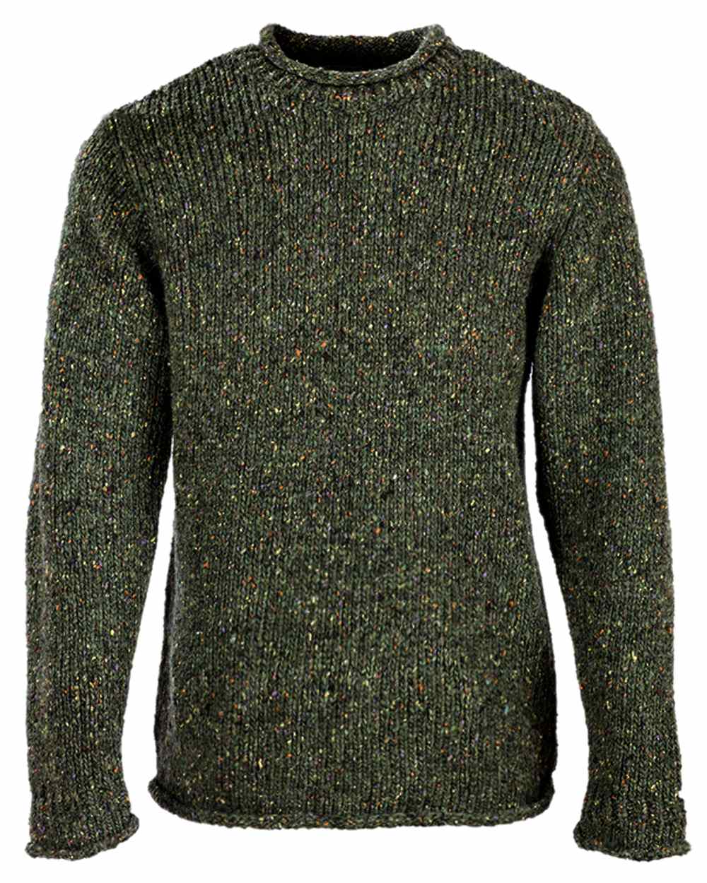 Green Coloured Aran Donegal Wool Crew Neck Sweater on white background 