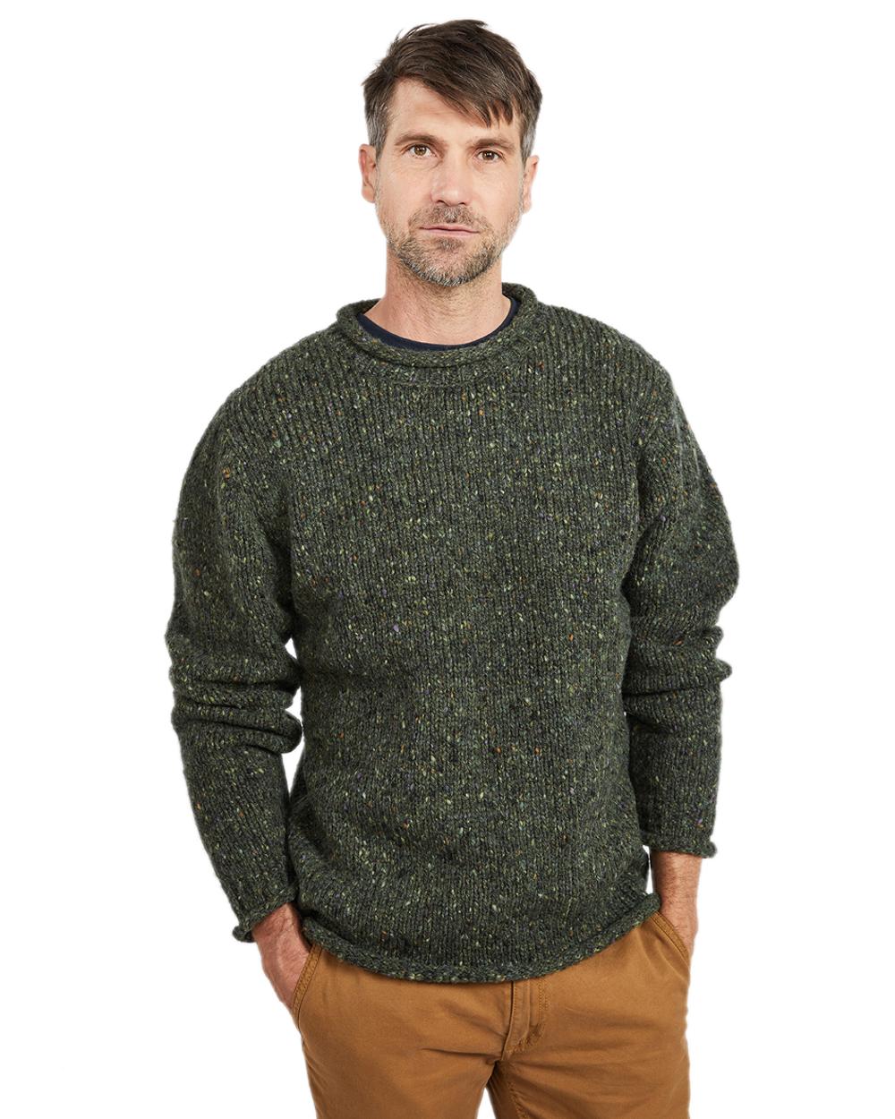 Green Coloured Aran Donegal Wool Crew Neck Sweater on white background 