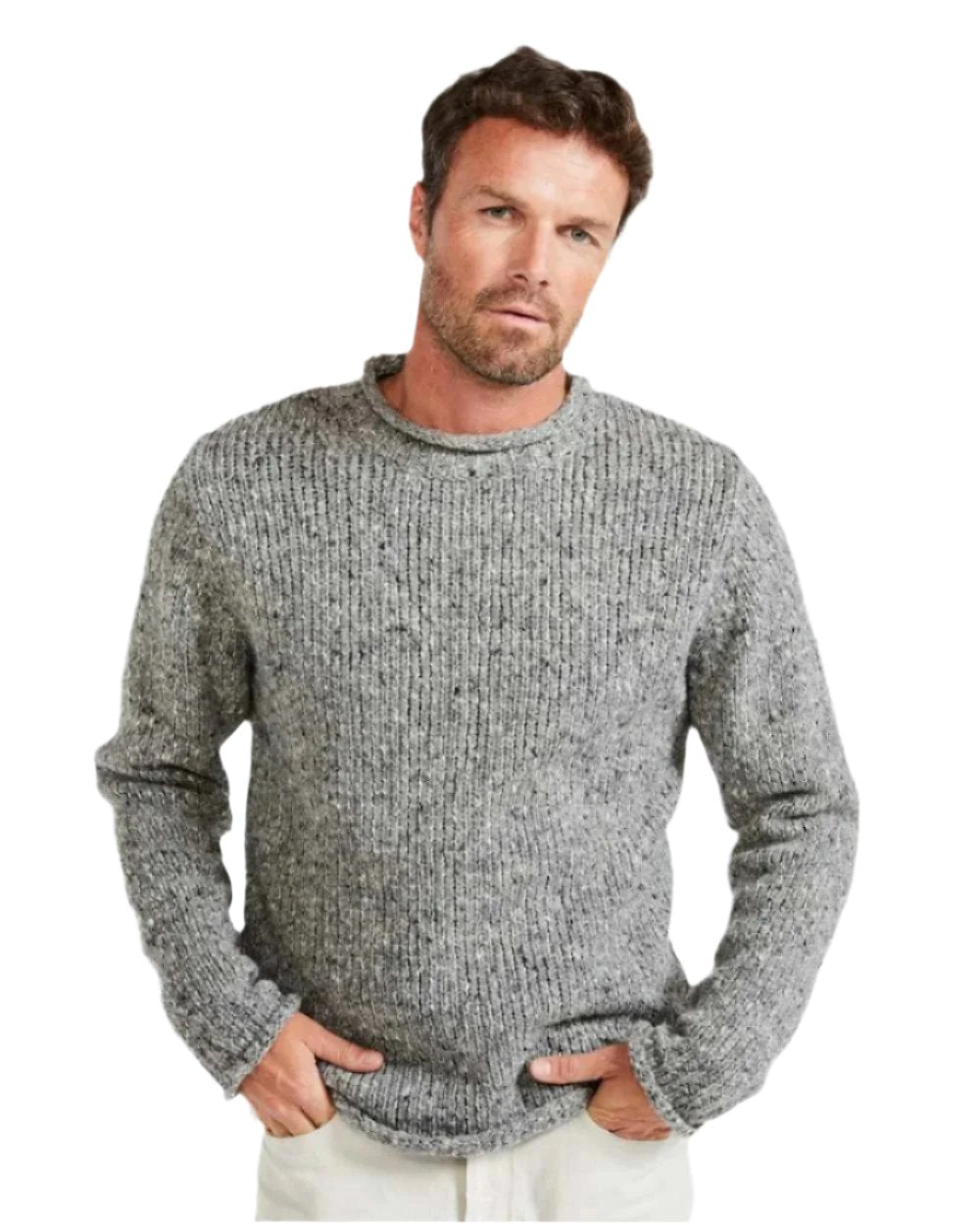 Silver Coloured Aran Donegal Wool Crew Neck Sweater on white background 