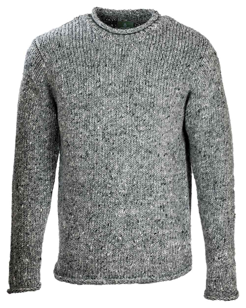 Silver Coloured Aran Donegal Wool Crew Neck Sweater on white background 