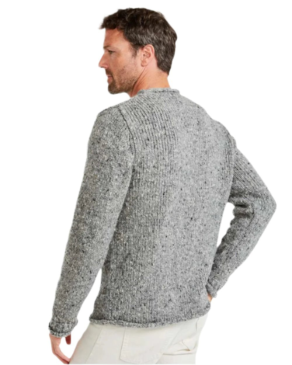 Silver Coloured Aran Donegal Wool Crew Neck Sweater on white background 