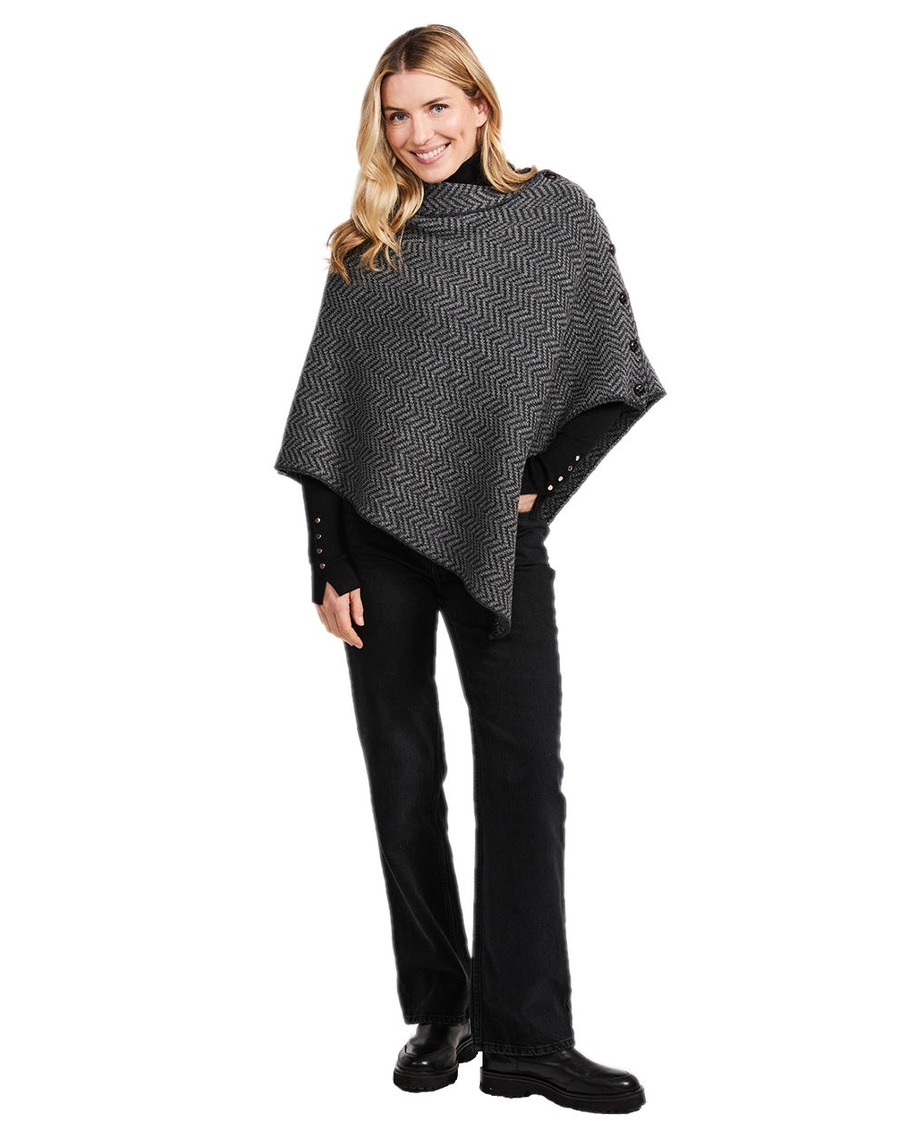 Charcoal Coloured Aran Herringbone Poncho with Buttons on white background 