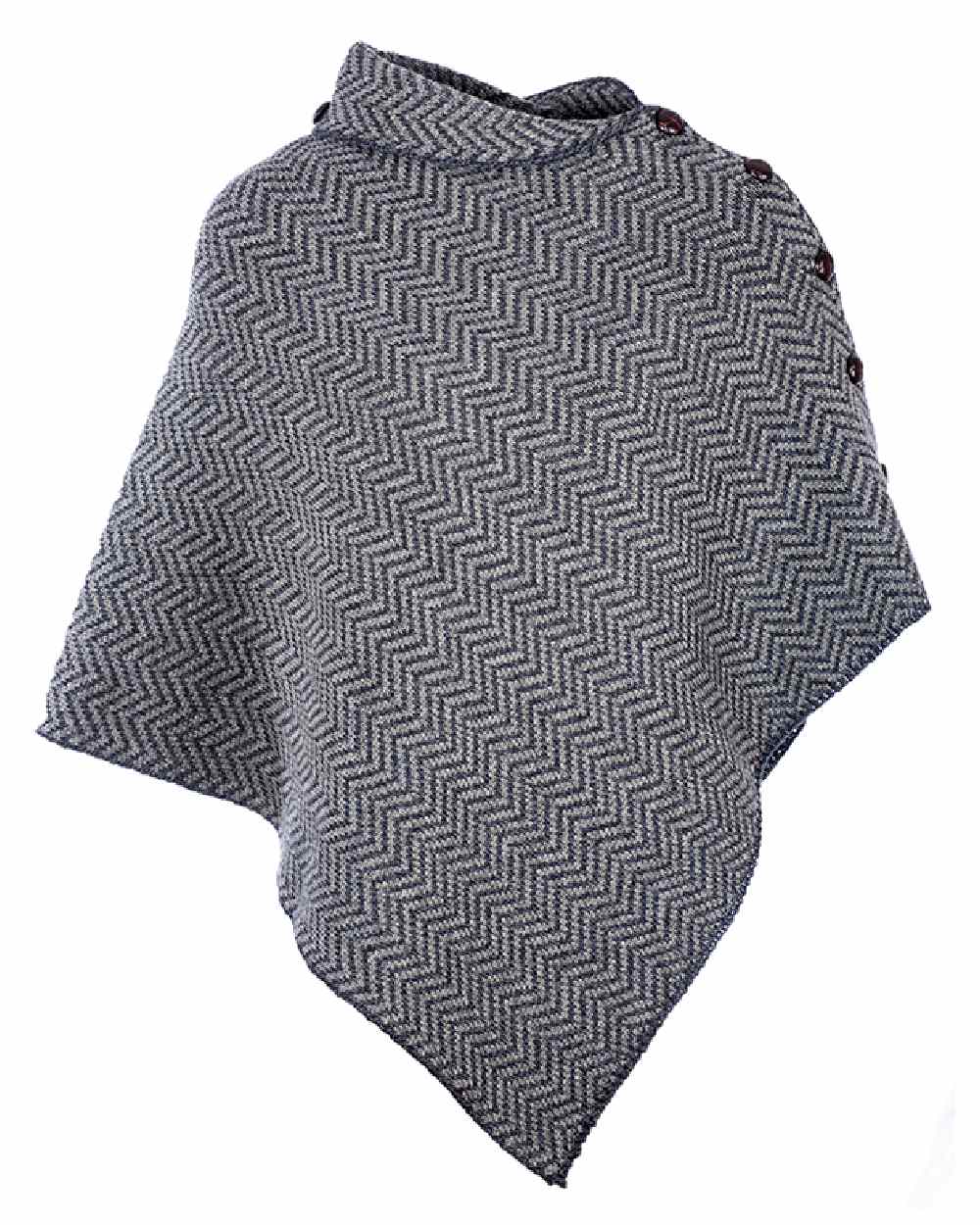 Charcoal Coloured Aran Herringbone Poncho with Buttons on white background 