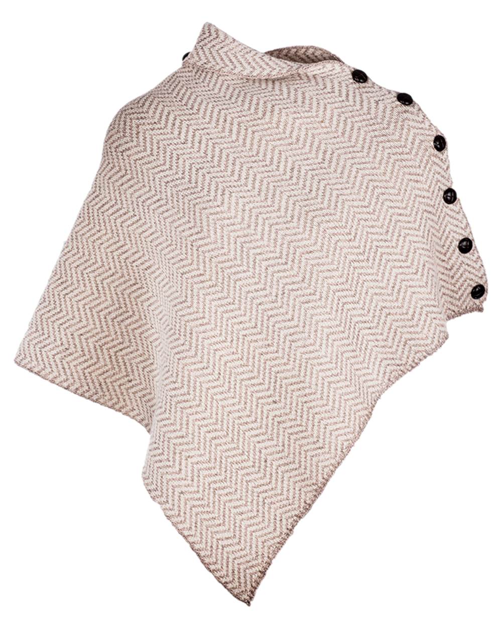 Cream Coloured Aran Herringbone Poncho with Buttons on white background 