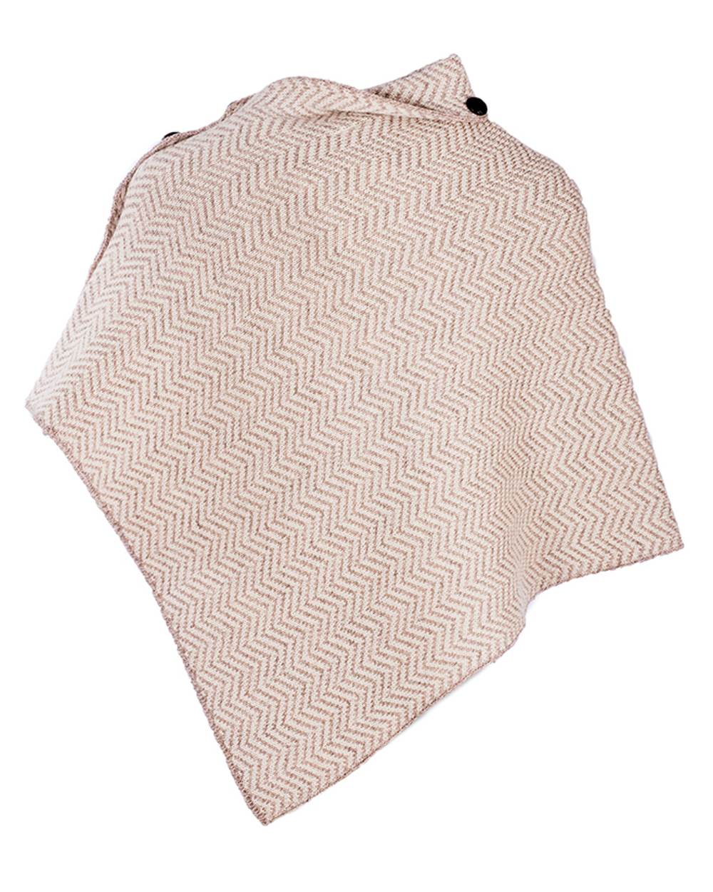 Cream Coloured Aran Herringbone Poncho with Buttons on white background 