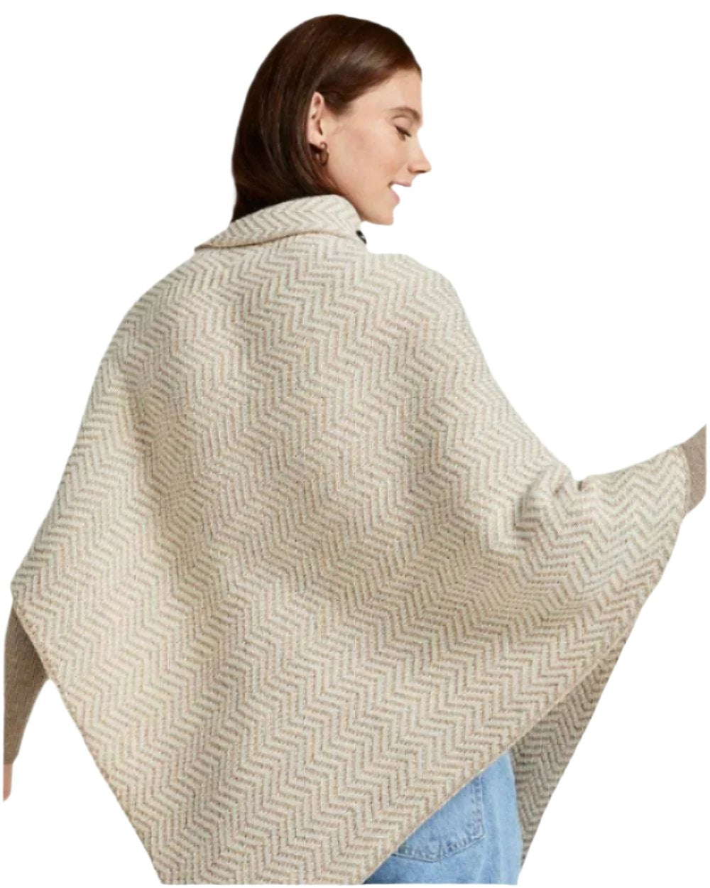 Cream Coloured Aran Herringbone Poncho with Buttons on white background 