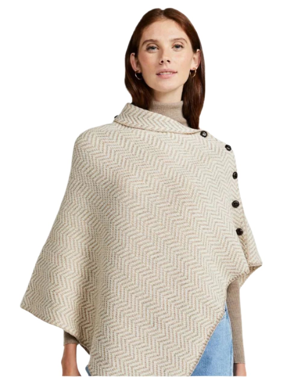 Cream Coloured Aran Herringbone Poncho with Buttons on white background 