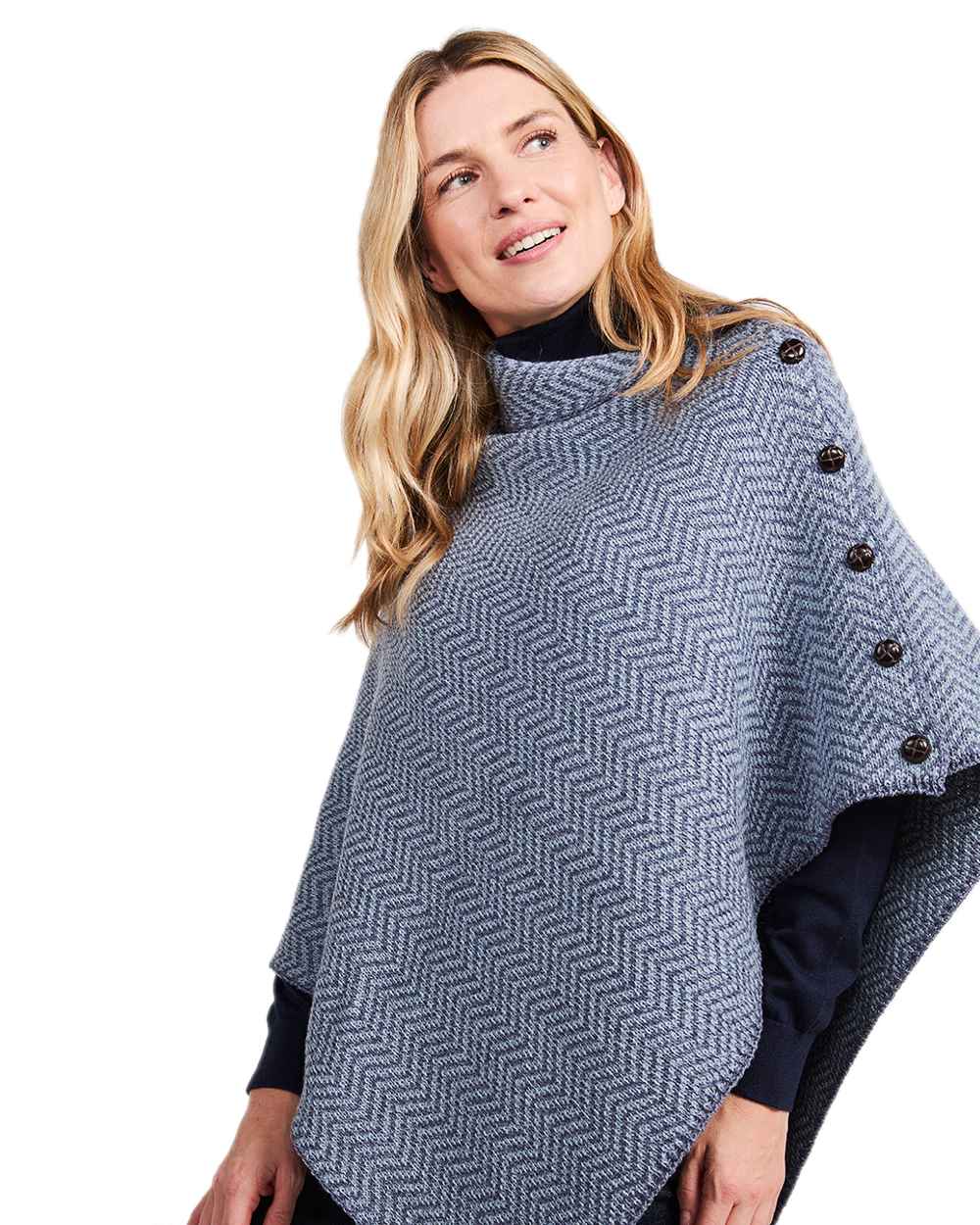 Denim Coloured Aran Herringbone Poncho with Buttons on white background 