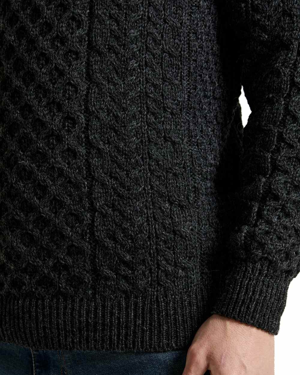 Charcoal coloured Aran Mens Inishbofin Traditional Sweater on white background 