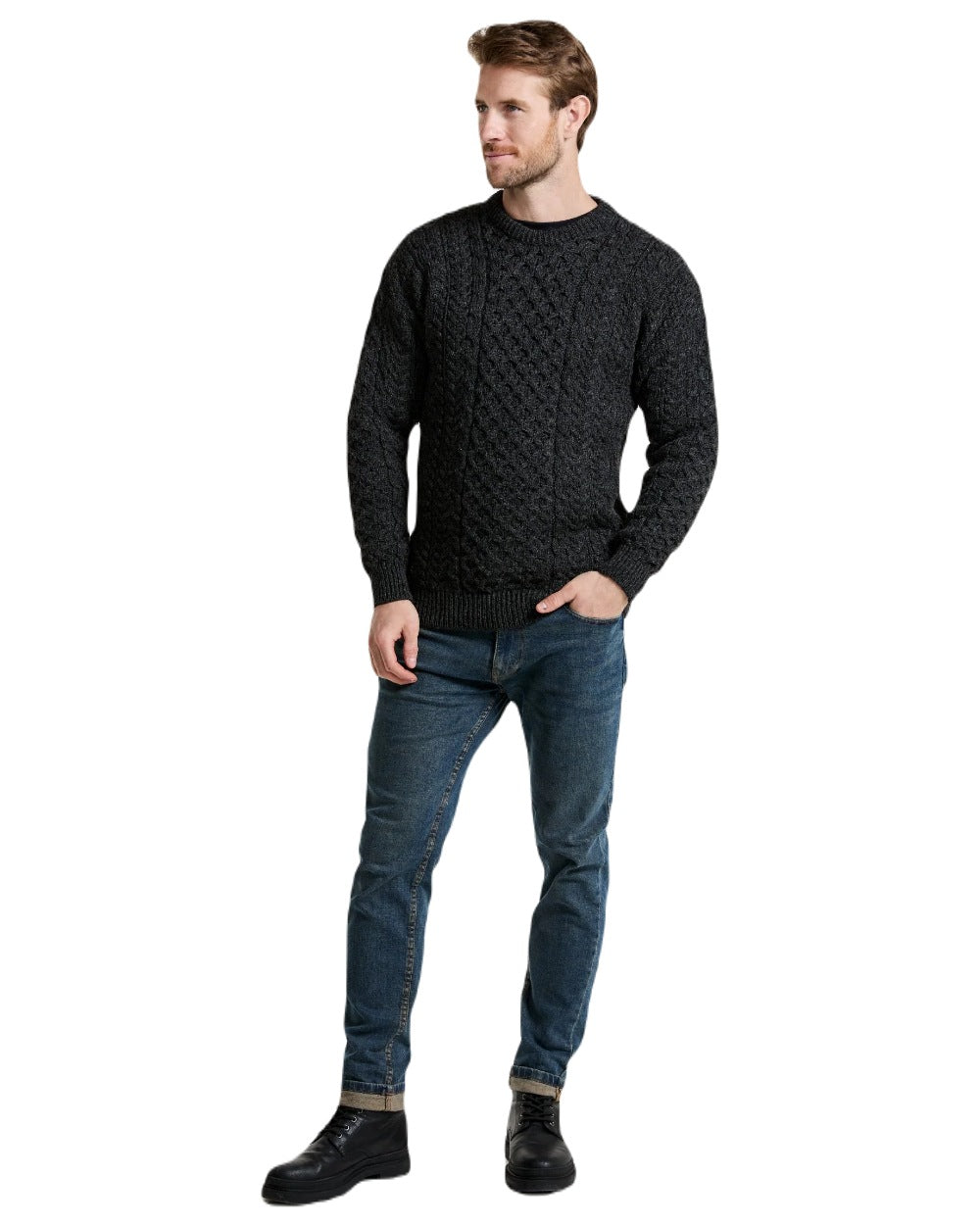 Charcoal coloured Aran Mens Inishbofin Traditional Sweater on white background 