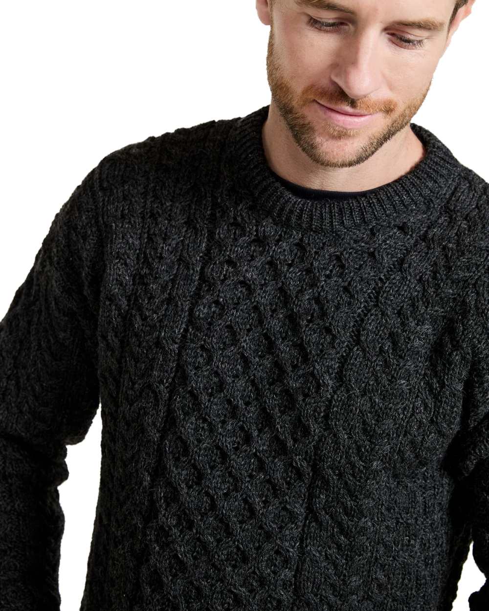 Charcoal coloured Aran Mens Inishbofin Traditional Sweater on white background 