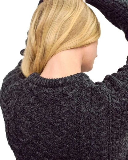 Charcoal coloured Aran Womens Inishbofin Traditional Sweater on white background 