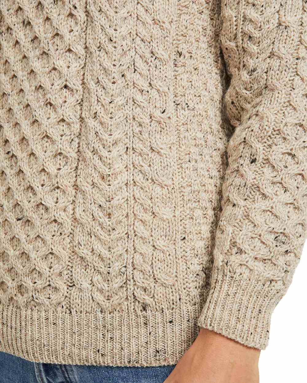 Flecked Oat coloured Aran Mens  Inishbofin Traditional Sweater on white background 