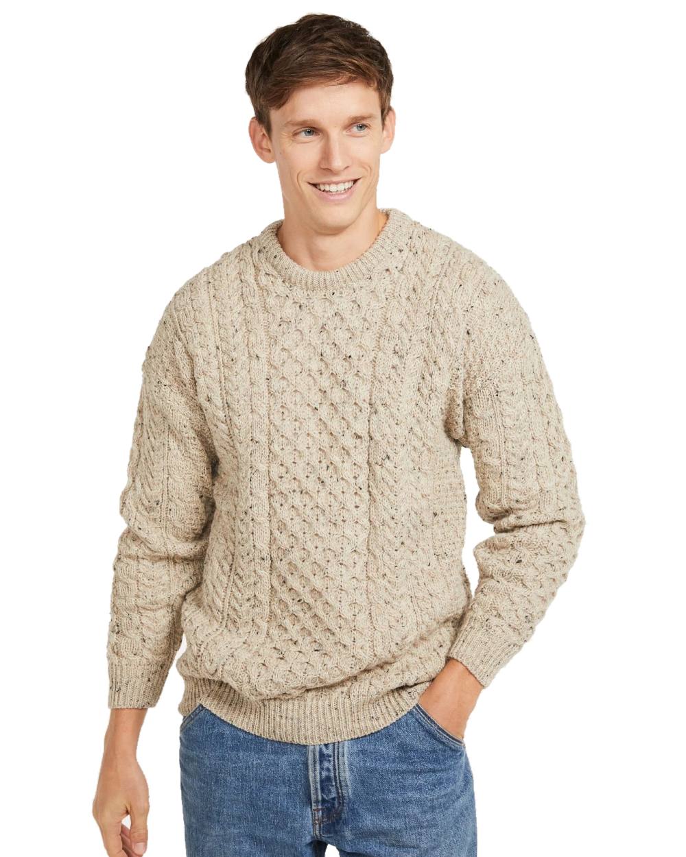 Flecked Oat coloured Aran Mens Inishbofin Traditional Sweater on white background 