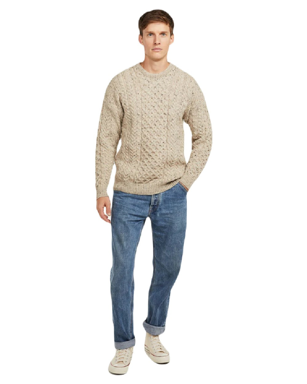 Flecked Oat coloured Aran Mens Inishbofin Traditional Sweater on white background 