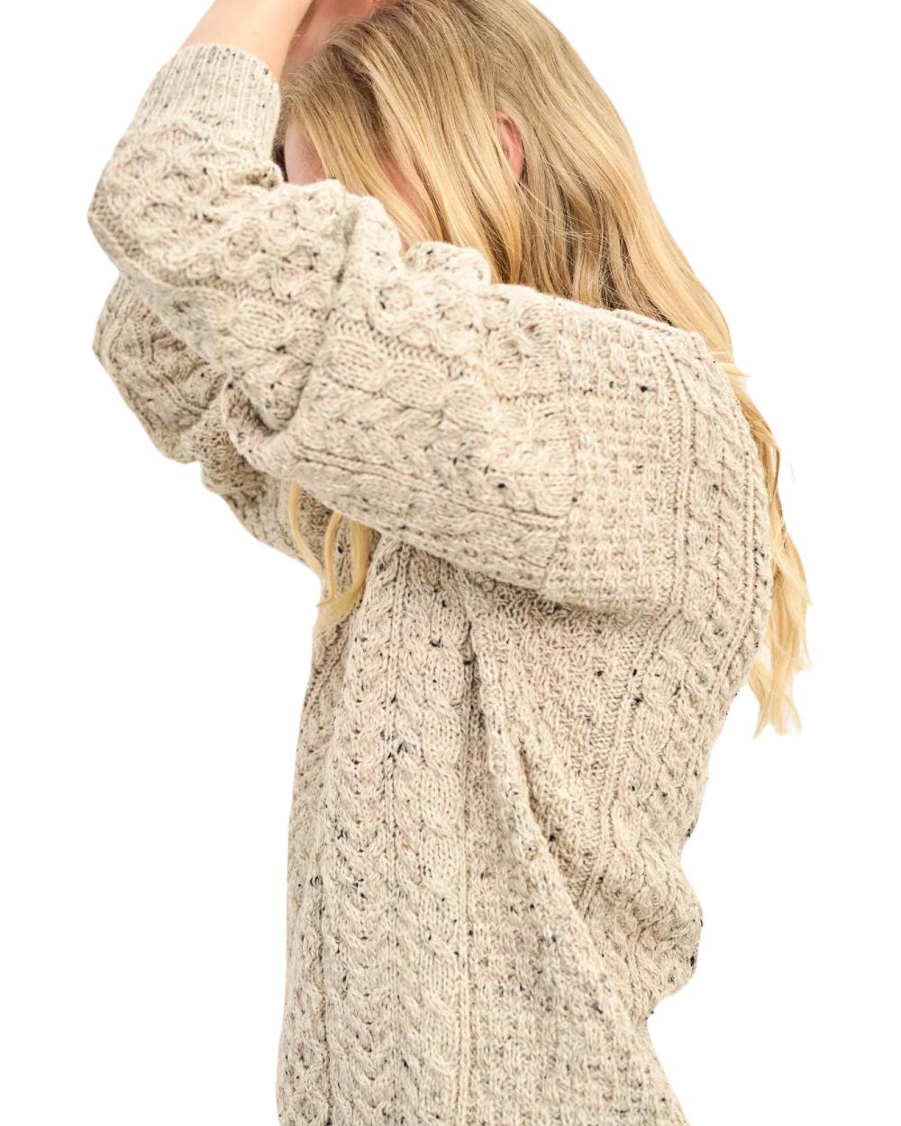 Flecked Oat coloured Aran Womens Inishbofin Traditional Sweater on white background 